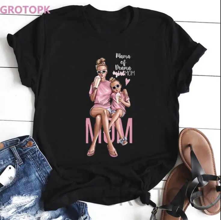 

Wholesale Mother's Love T-shirts for Women Mom and Daughter Black T-shirt Summer Short Sleeve Female T-shirt Top Vogue Polyester