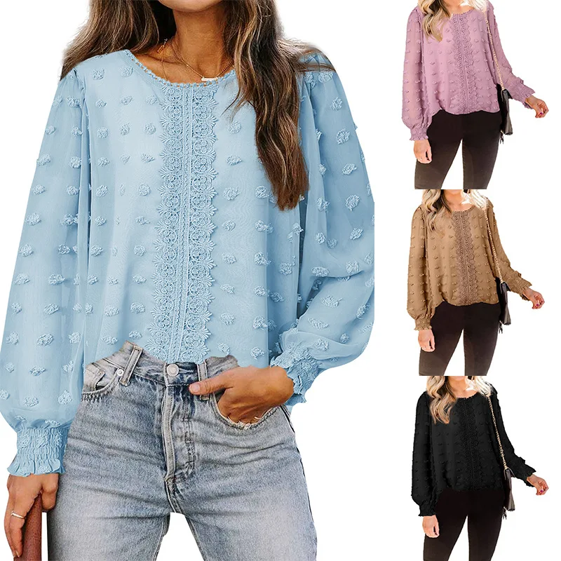 

2022 Spring Solid Color Lantern Crew Neck Long Sleeves Women Lace Jacquard Chiffon Blouses Tops