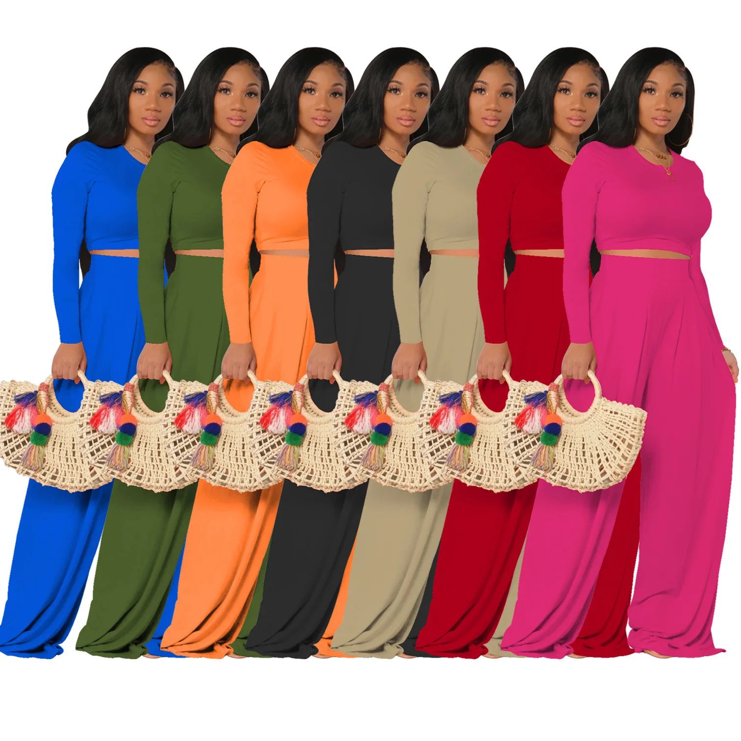 

Women's Fall Solid Color Slim Blouse Wide Leg Leisure Two-Piece Set, Shown