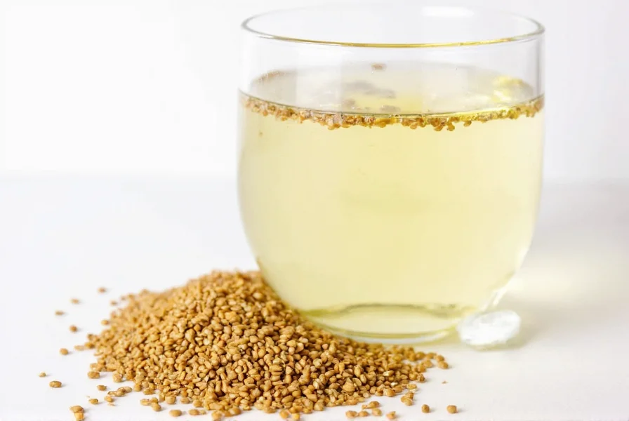 Woman drinking fenugreek water from glass while reviewing scientific research on laptop