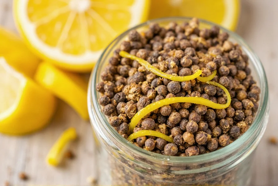 Close-up of lemon pepper seasoning blend showing yellow citrus zest and black peppercorns in a glass jar