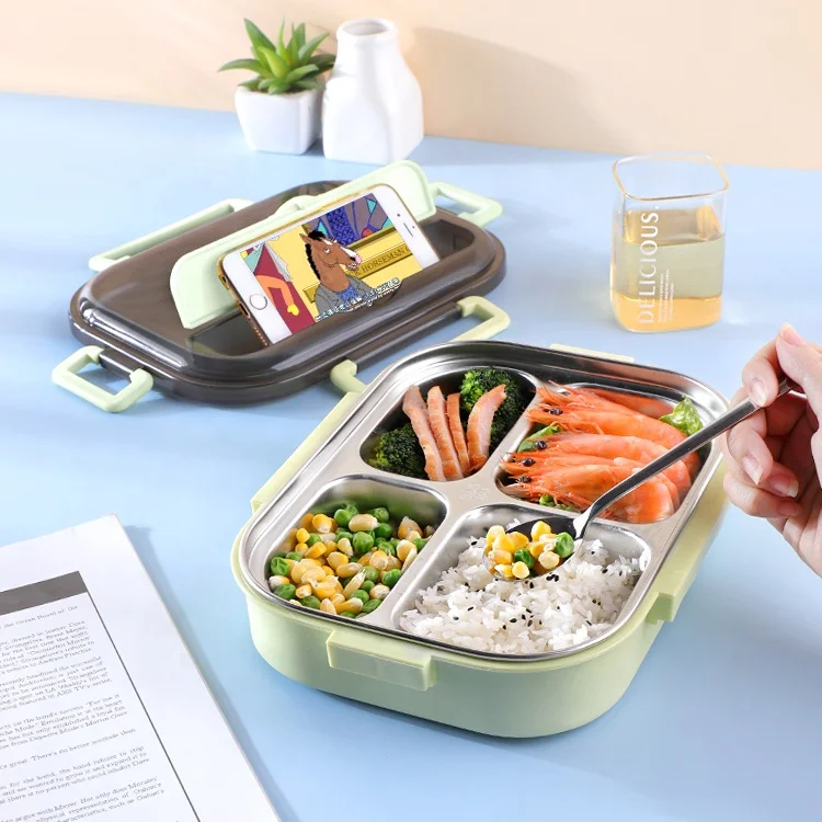 

Reusable 1200L 4 compartment office school with handle stainless steel lunch box with cutlery, Blue/pink/green