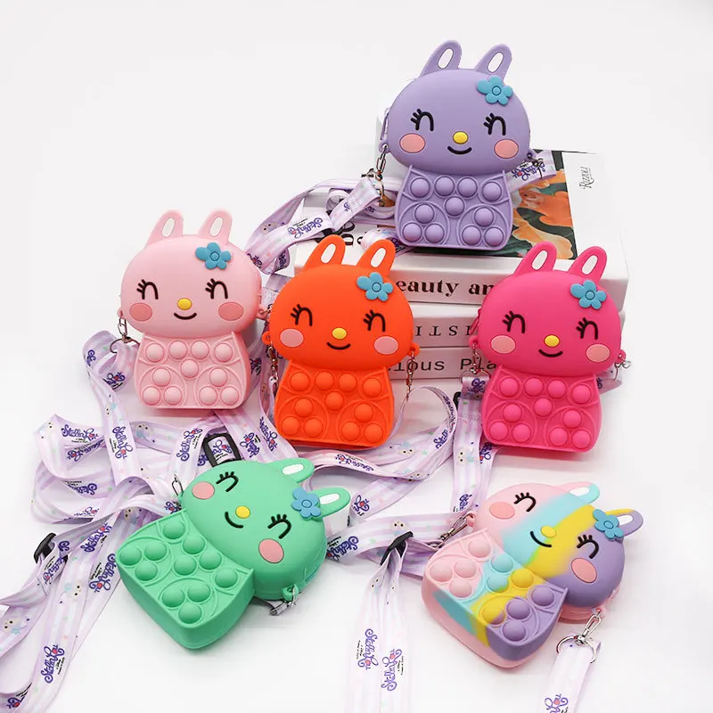 

2022 Silicone Kids Soft Push Bubble Rabbit Cartoon Cute Crossbody shoulders Hand Money Bag Mini Pop It Figet Toys Coin Purses, 6 colors