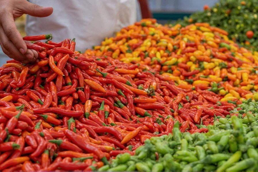 Professional pepper grading process showing different pepper varieties being sorted and evaluated for quality standards