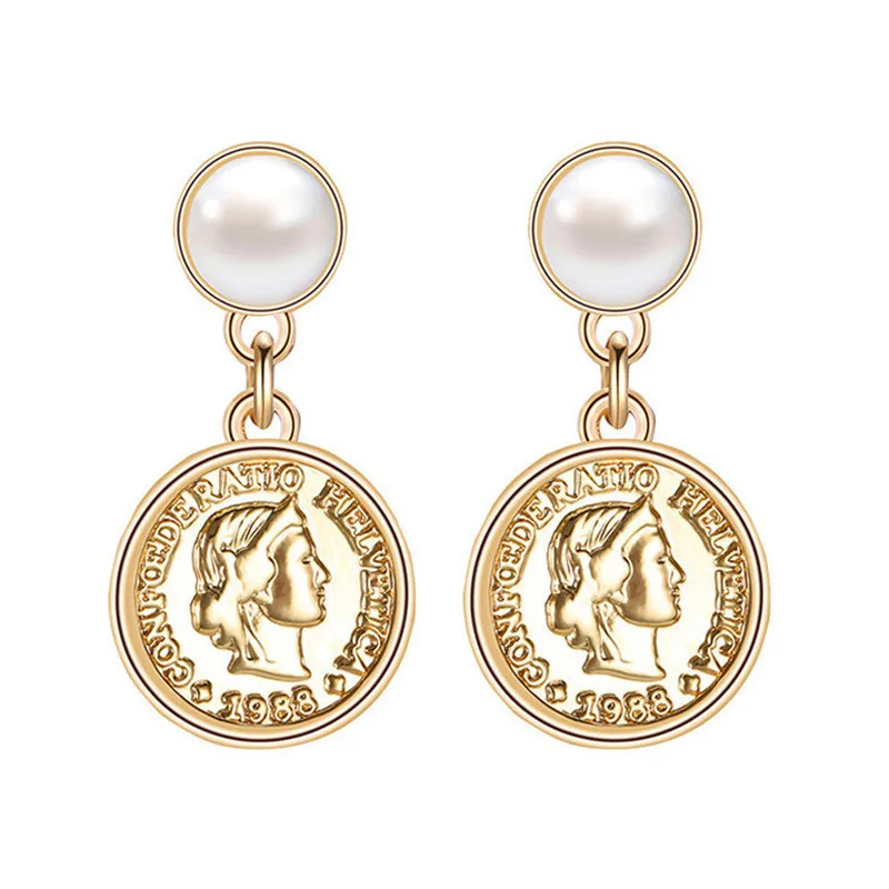 

Amazon hot sale jewelry designs vintage gold women alloy exaggerated coin pearl earrings, As pic