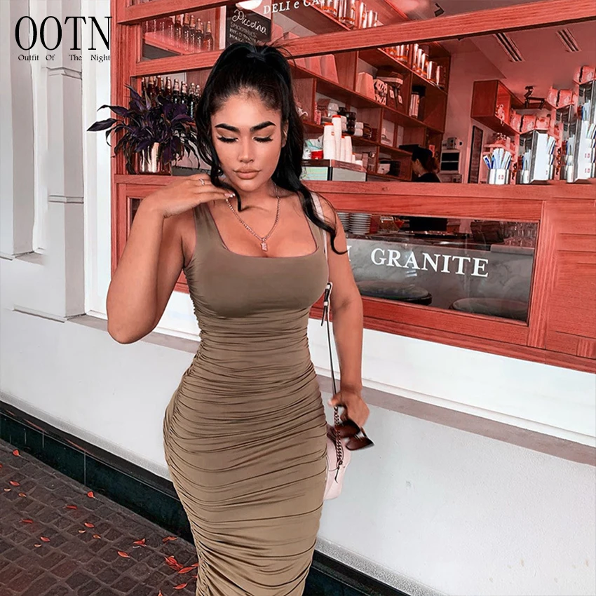 

OOTN Women Fashion Sleeveless Skinny Clubwear Basic Hot Midi Dress 2020 Slim Female Ruched Solid Sexy Bodycon Party Dresses