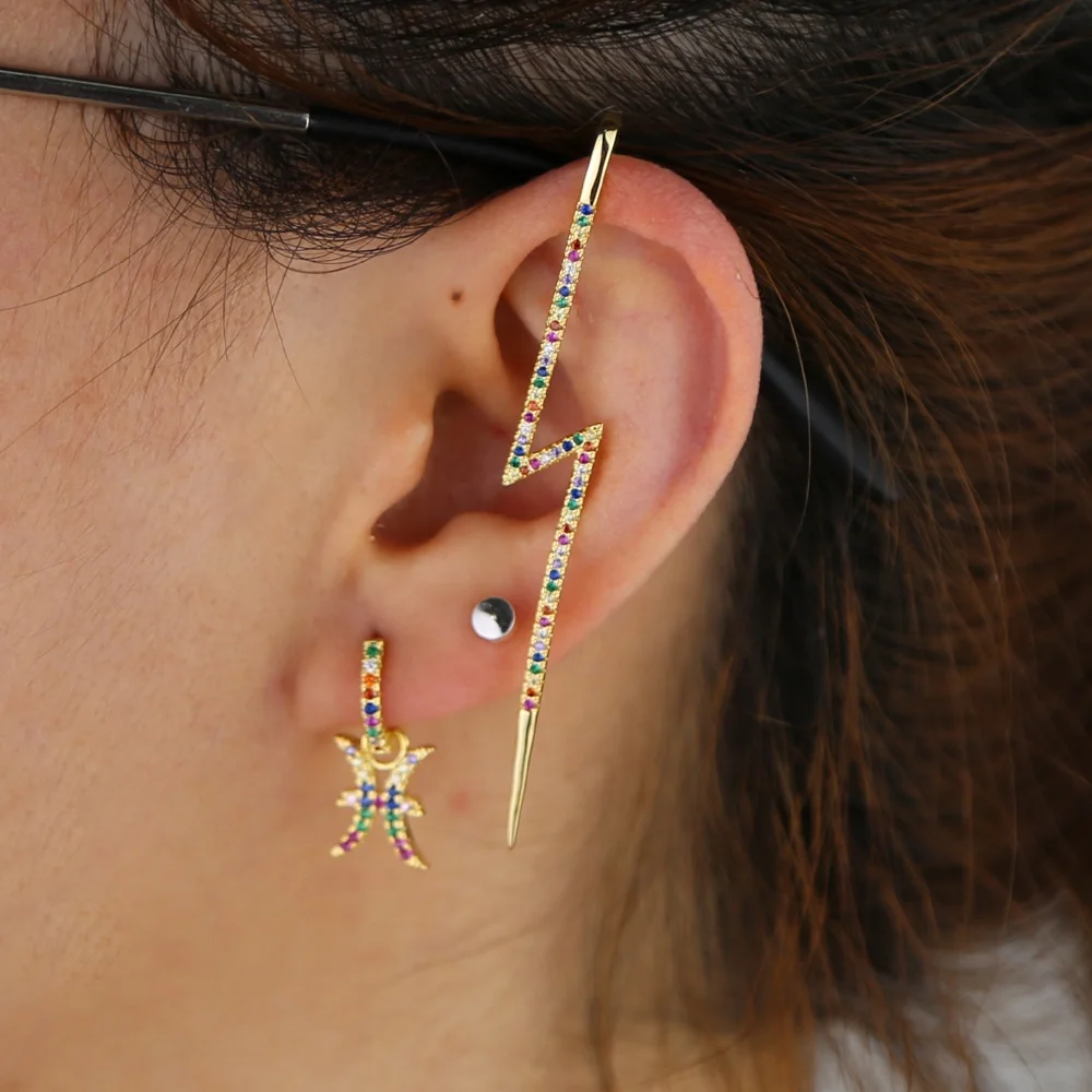 

1 PIECE white rainbow cubic zirconia cz jewelry gold filled summer new lightning bolt long clip cuff earring