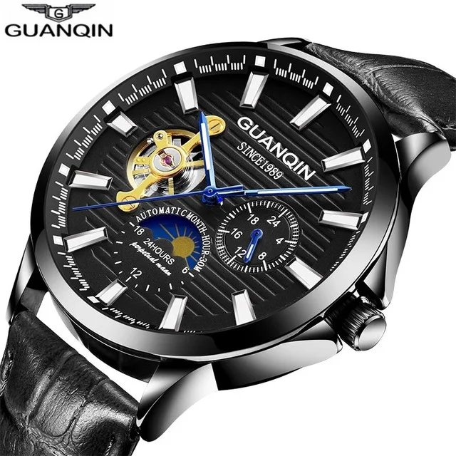 

GUANQIN 16131 trending mens mechanical watch real leather band waterproof skeleton moon phase automatic tourbillon reloj watch