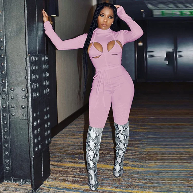 

2021 New Arrivals Trends Fall Winter Pure Color Pink Hollow Out Skinny Ladies Jumpsuit 2 Piece Set Women Sexy Jumpsuits -PT, Pink,orange