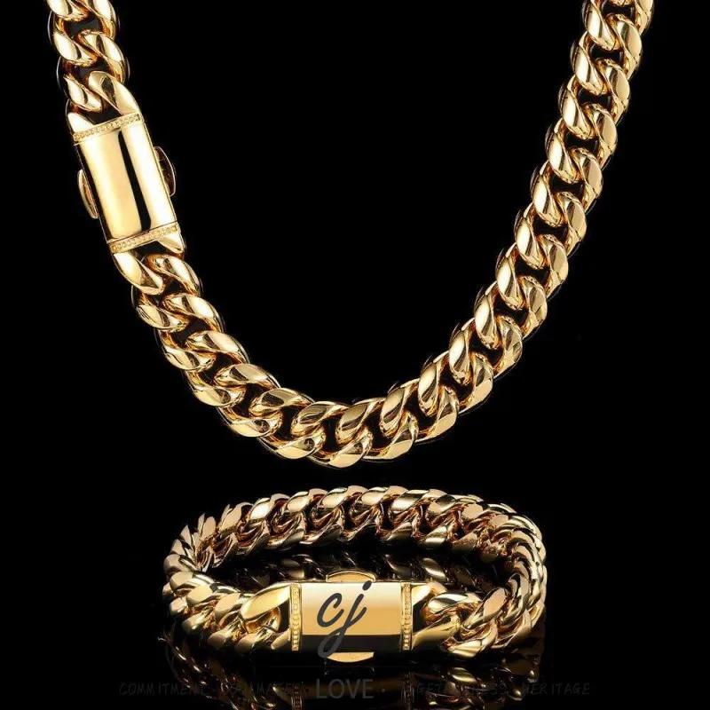 Carline Manufacturer12mm Miami Cuban Link Chain Set 18K Gold PVD Plated 316L Stainless Steel Hip Hop Jewelry Set for Men