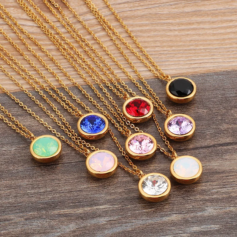 

Tiktok Hot Trendy Stainless Steel Round Coin Colorful Zircon Pendant Necklace For Women