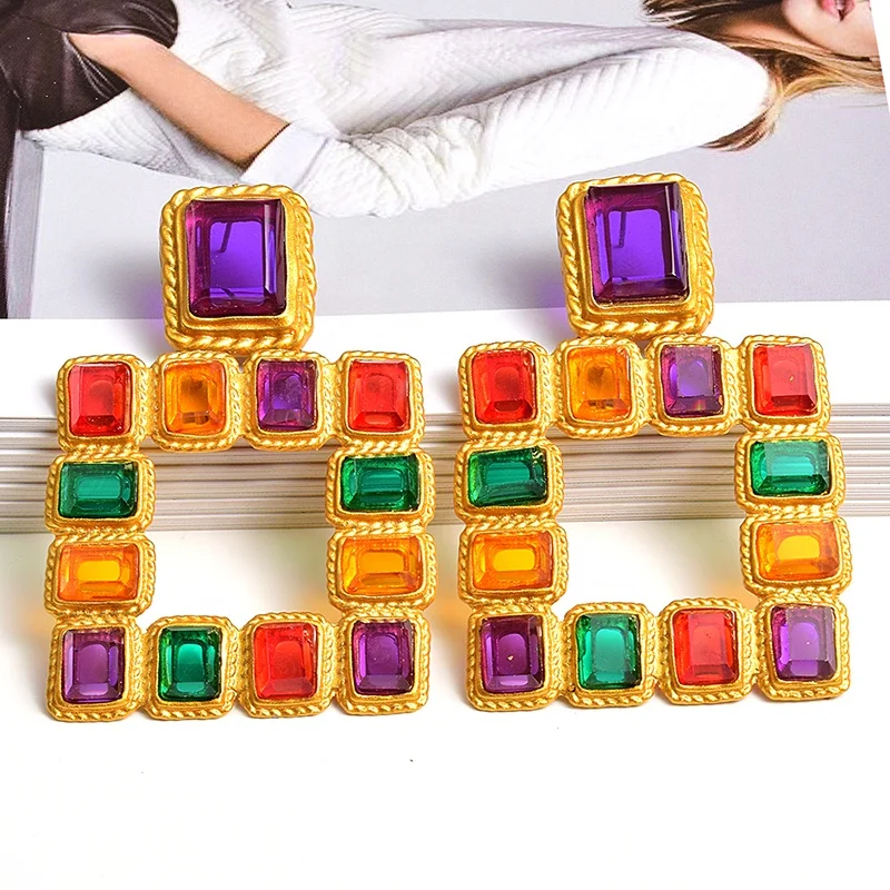 

Kaimei Hot Sell Hanging Gold Square Dangle Drop Earring Studded With Colorful Crystal Gemstone Vintage Geometric Dangle Earrings, Many colors fyi