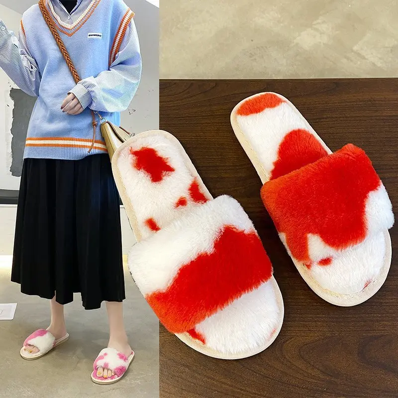 

2021 non-slip fluffy Women slippers with Fur Winter indoor plush Flip Flops toe open slippers Fur sandals