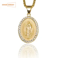 

Yellow Gold Stainless Steel Blessed Virgin Mary Miraculous Oval Medal Diamond Pendant