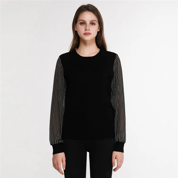 

Women's Long woven striped sleeve crew neck sweater pullover