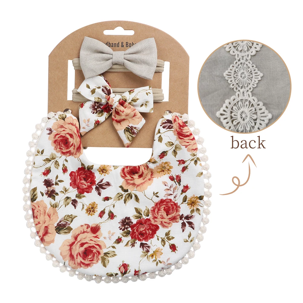 

Europe Printed Flower Cute Style Flax Cotton Baby Feeding Bibs Burp Cloth Bowknot Headband With Tassels Sets, Picture