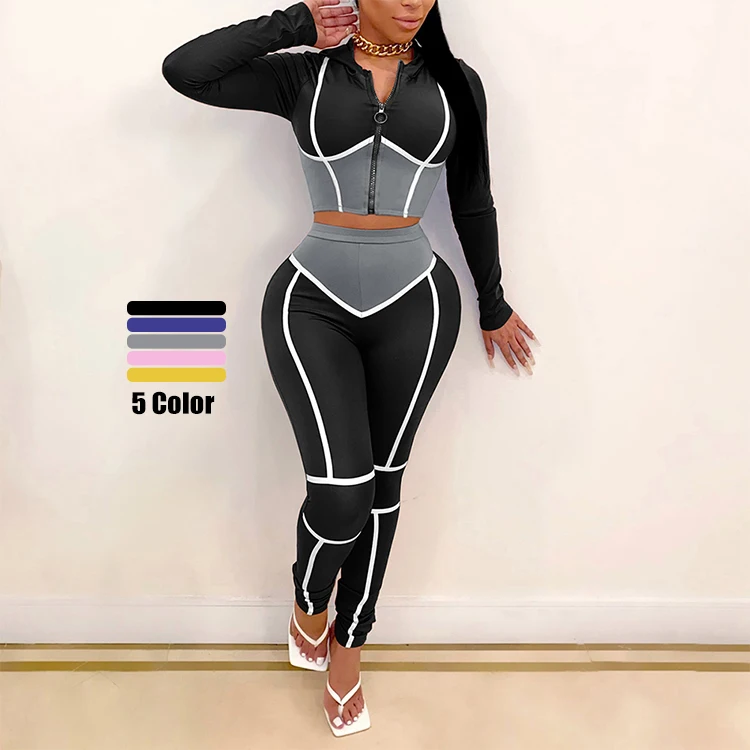 

2020 Autumn Fashion Tight Two Piece Set Women Clothing Long Sleeve Crop Top Hoodie And High Waist Trousers, As show