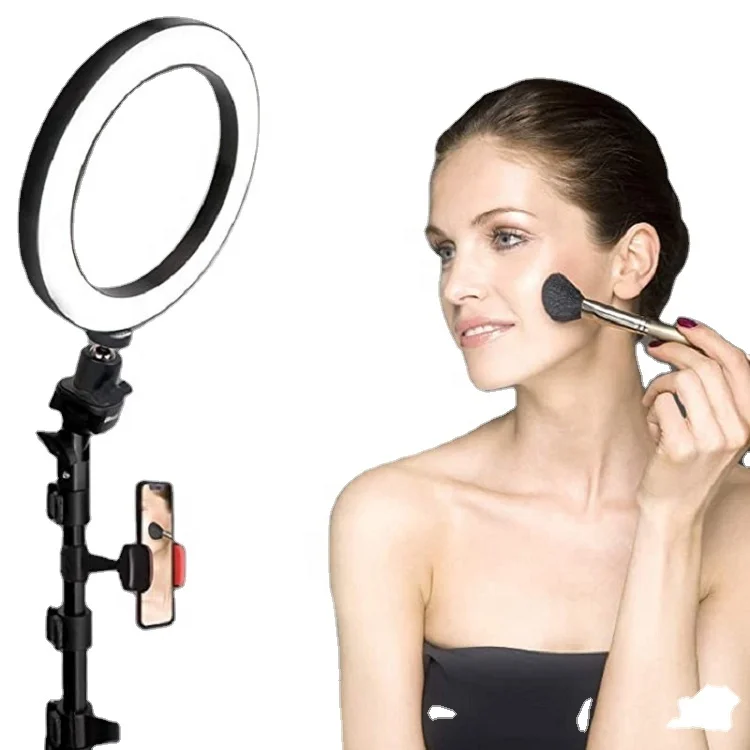 

10" Selfie Ring Light with Tripod Stand & Cell Phone Holder Dimmable Desktop LED Circle Light for Live Streaming Makeup Youtube, White+black