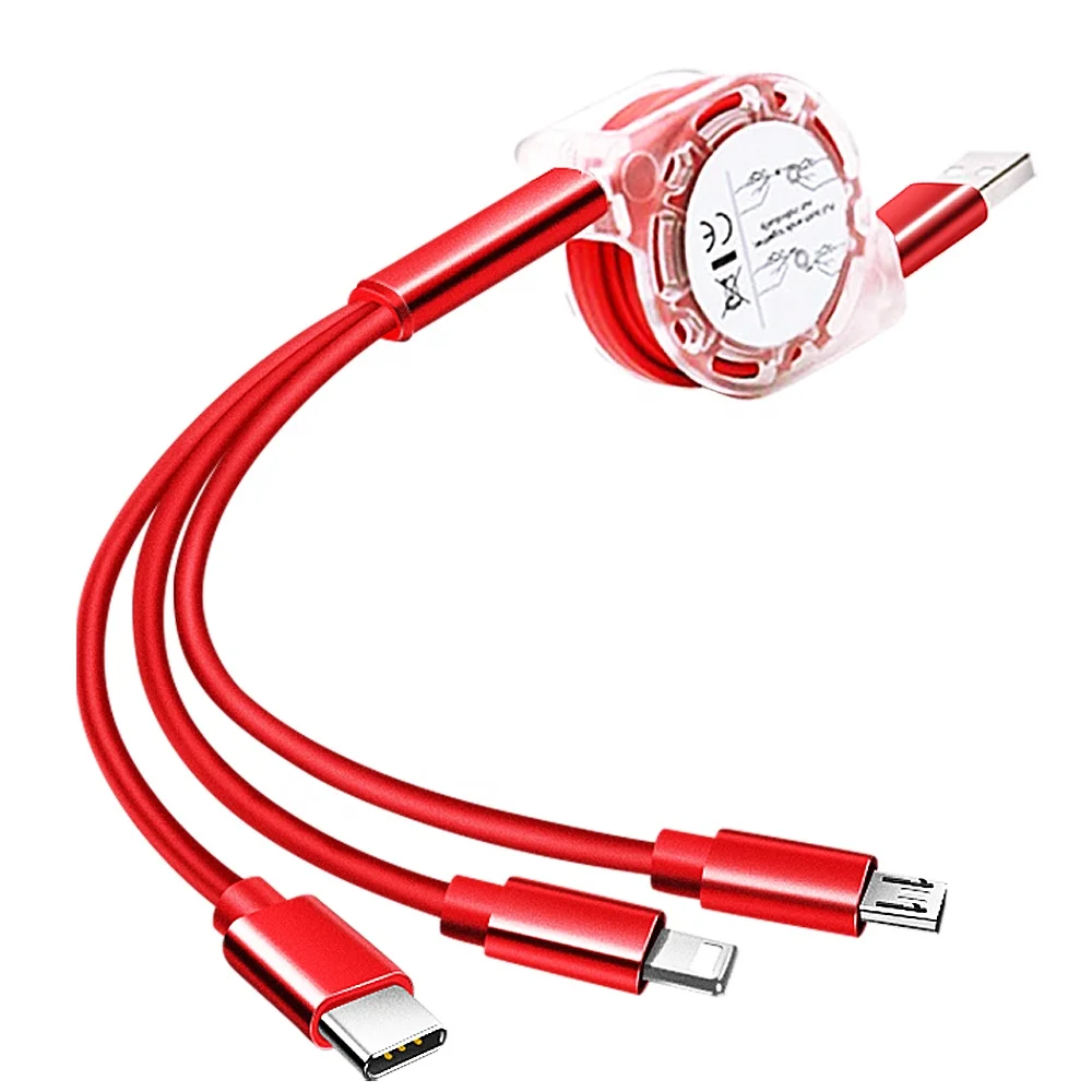 

Multi Charging Charger USB Cable Wire 2020 NEW 3 in 1 Braided Retractable for Lighting Micro USBC for Mobile Phone 2.4A 1-Meter, Gold pink red gray