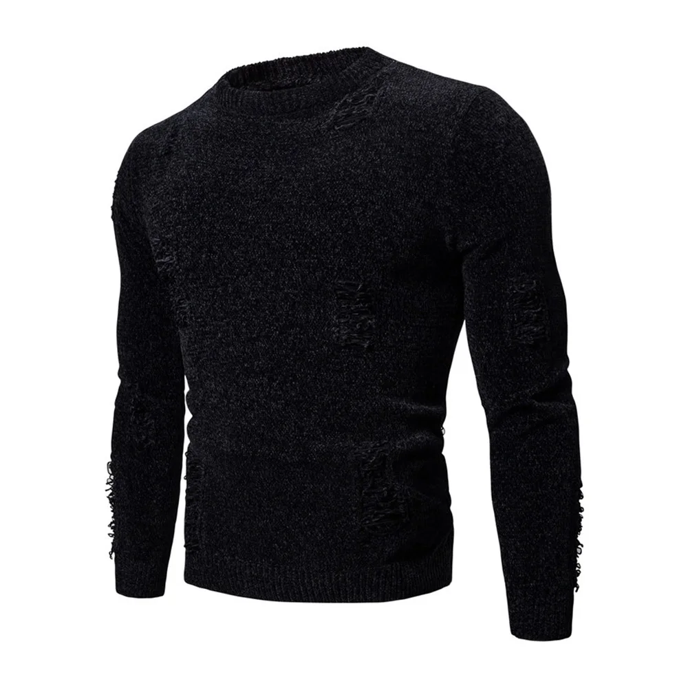 

Frayed rongd neck long sleeve polyester sweater jumpsuit male form fitting sweaters