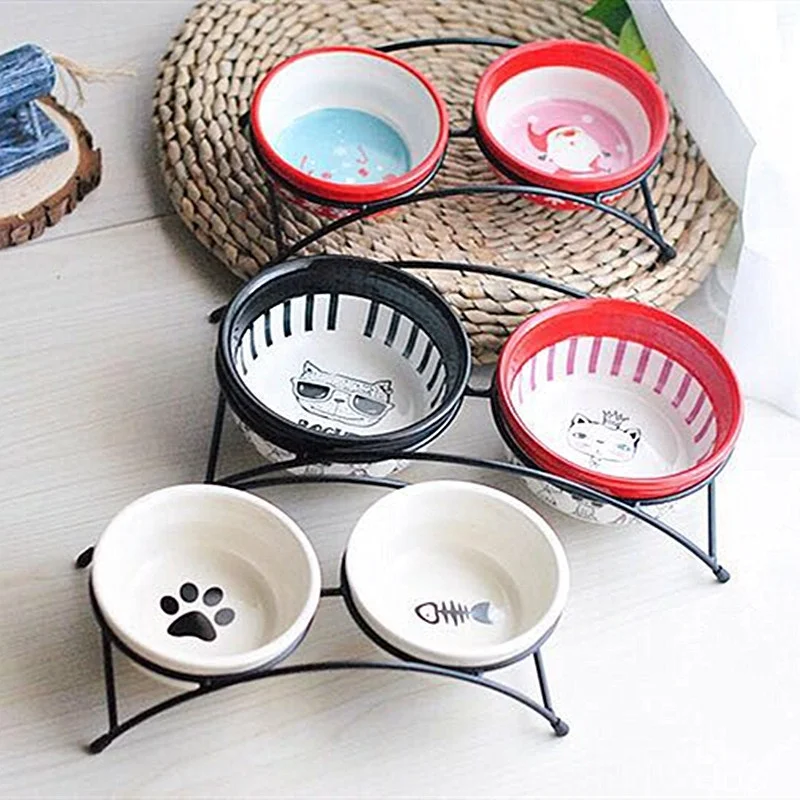 

Creative Ceramic Bowl Bone Paw Print Iron Frame Double Bowl Pet Drinking Bowl, Shown