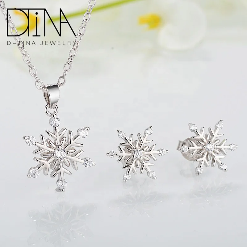 

DTINA Hot Sales 925 Sterling Silver Set Snowflake Shape Design Jewelry Set Necklace Earrings 2 Pieces Set, 18k platinum