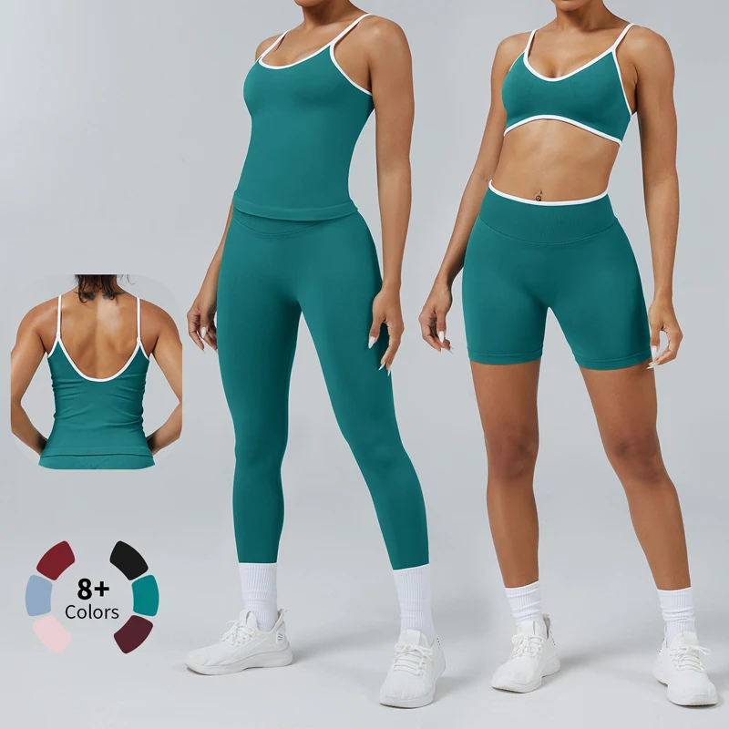 SHINBENE Color Block Seamless 4Pcs Yoga Workout Sets Hidden Scrunch Shorts Leggings and Crop Top Gym Athletic Clothing Set