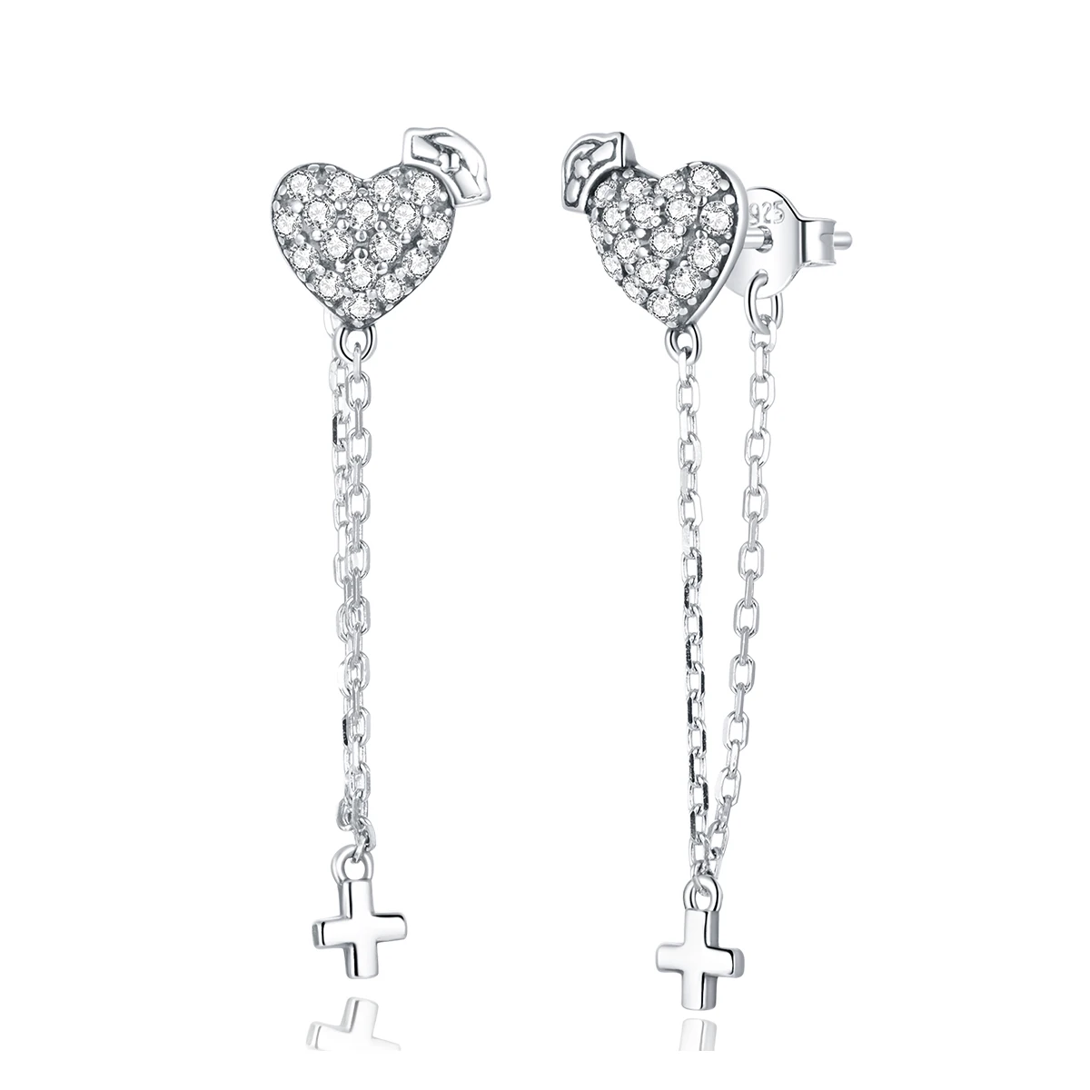 

cross with love 925 silver long chain earrings with cubic zirconia