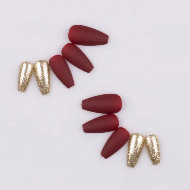 

30pcs/box gold powder detachable matte false nail tips for women, Red&golden