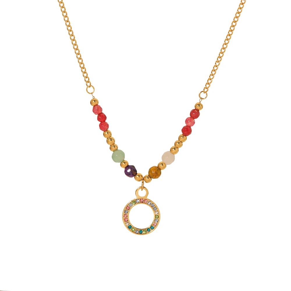 

Fashion Jewelry Stainless Steel Colorful Bead Chain Mixed Color Zircon Circle Pendant Necklace