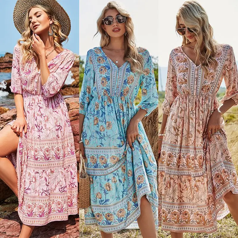 

2021 Summer Women Chiffon Dress V-neck High Waist Floral Print Beach Midi Dresses Sexy Vestidos, Shown
