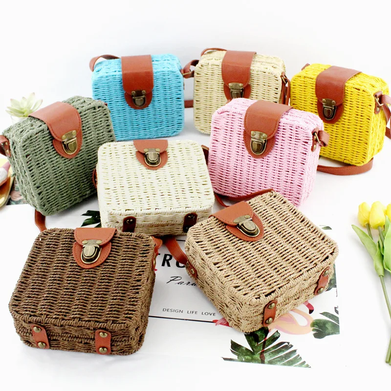 

2021 Fashion Multicolor Square Straw Woven Satchel Rattan Girl Crossbody Phone Bag, Customized color