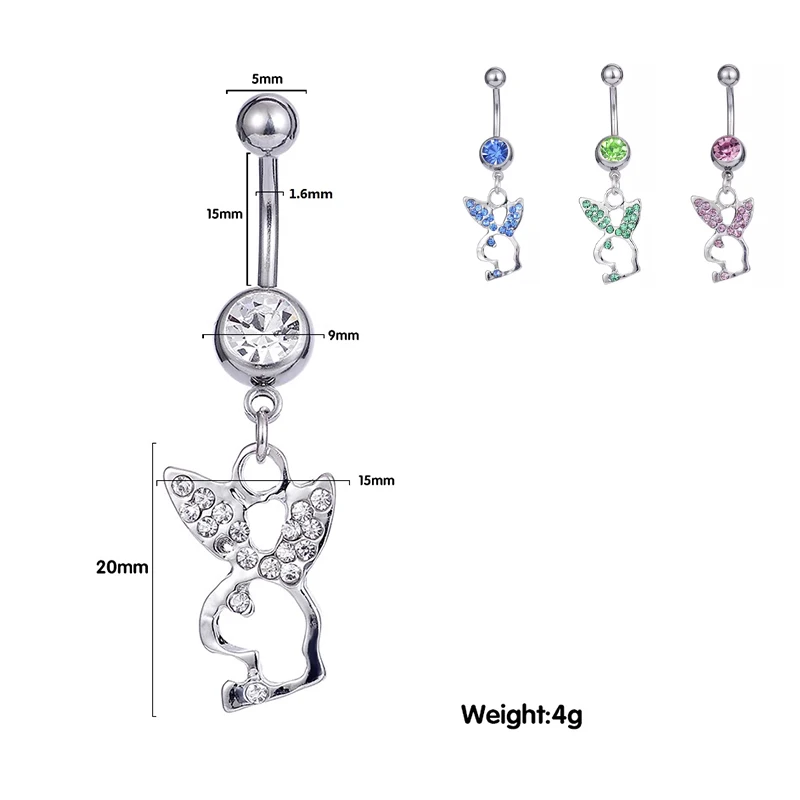 

High quality diamond hollow bunny navel piercing jewelry stainless steel dangling belly button ring, Green,pink,clear,blue