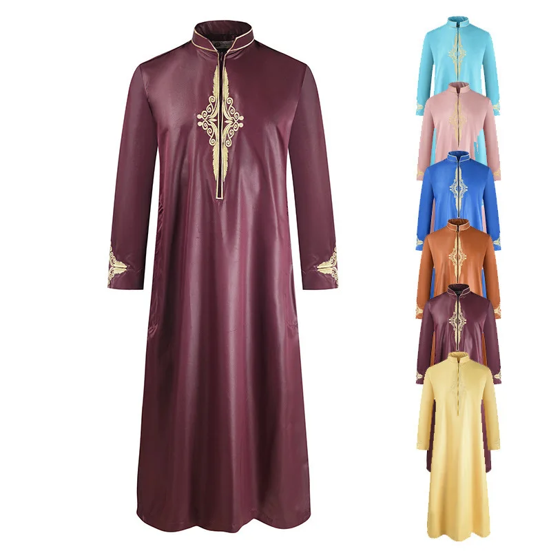 

Fashion Saudi Arabia Long Sleeve Robes Men Solid Color Embroidered Middle East Muslim Arabian Large Robes Musulman, Customized color