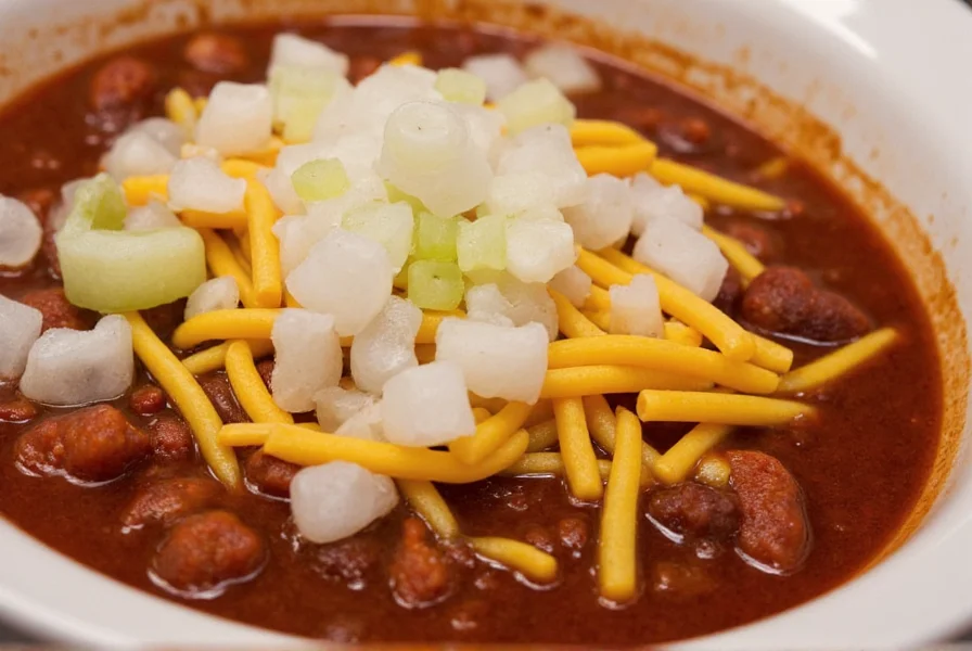 Close-up of Bar J Chili Parlor's signature bowl-style chili served with onions, oyster crackers, and cheese