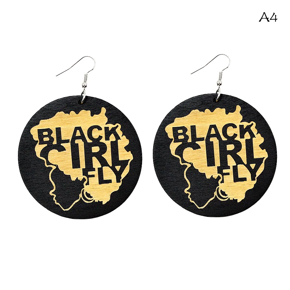 

Lady Fashion Earrings New Arrival Ethnic Jewelry Black African Round Afro Woman Queen Painted Wood Earring For Women, Photo