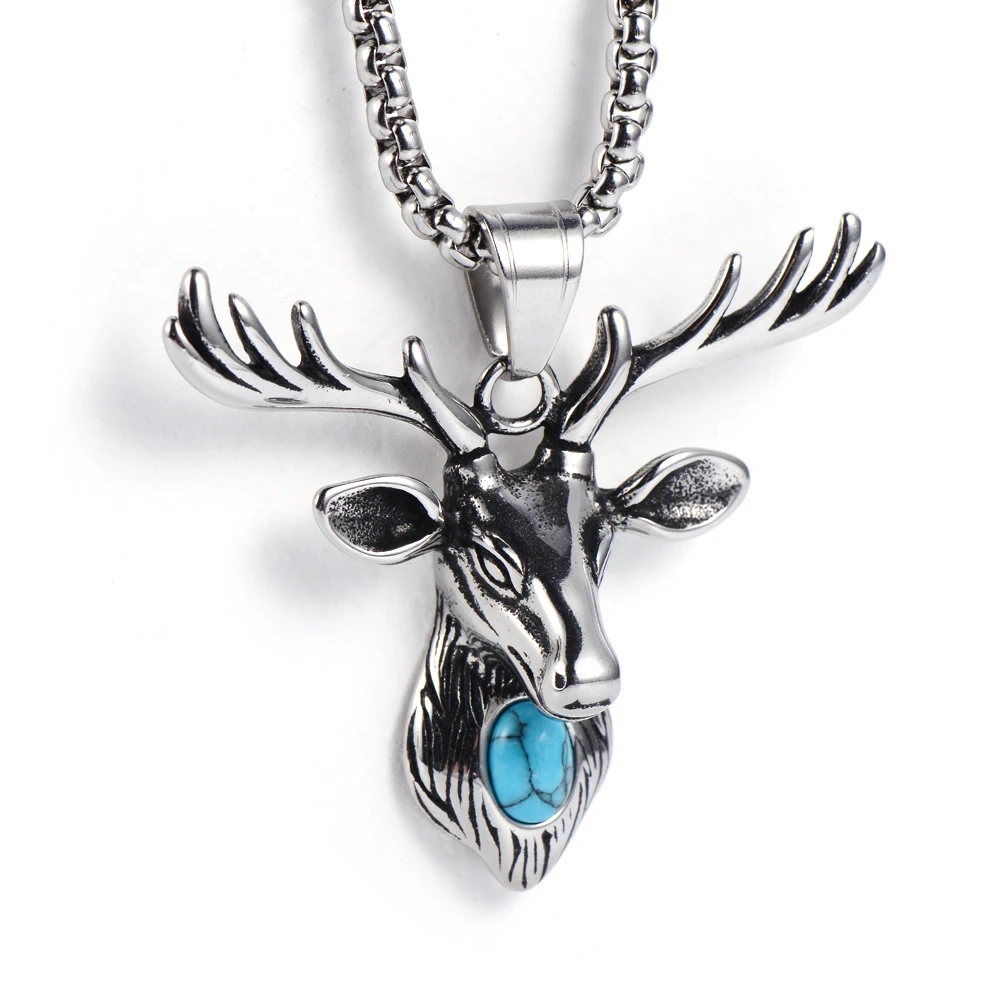 

Mens Vintage Stainless Steel Turquoise Deer Pendant Necklace, Silver
