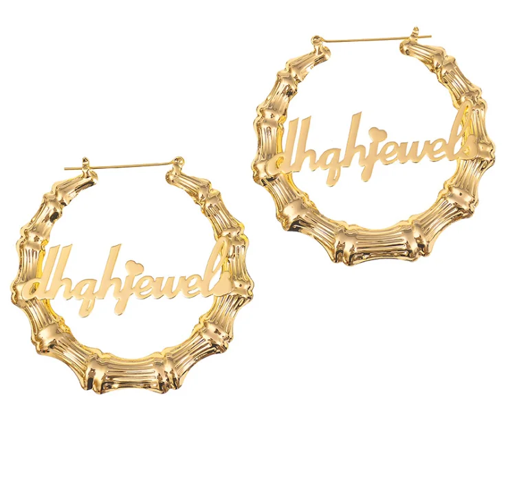 

Personalized Letter 18K Gold Plated Stainless Steel Channel Earrings Box Custom Name Bamboo Big Hoop Earrings for Women 2021, Gold, silver, rose gold