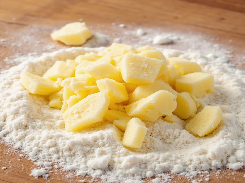 Cold butter grated into flour for biscuit making