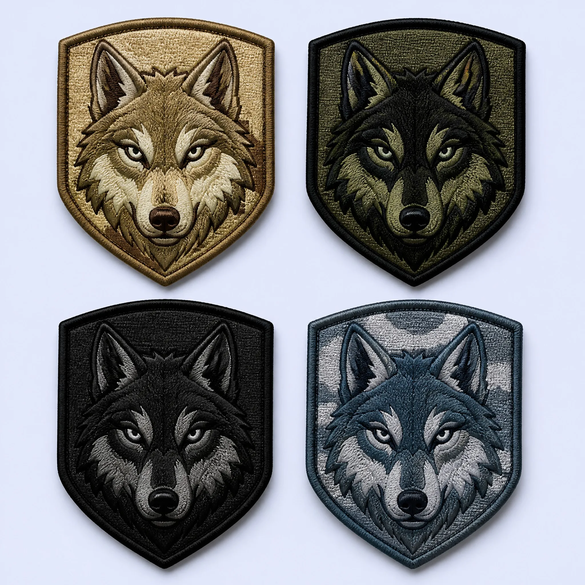 4-Colorway Tactical Shield Wolf Embroidered Patches Lineup: Desert Coyote Tan, Foliage Olive Green, Stealth Shadow Black, Arctic Urban Blue