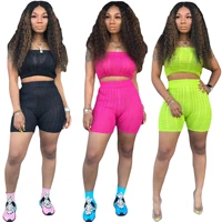 

Women 2 Piece Short Set Fashion Knit Tube Top Biker Short Set Women Two Piece Set Clothing
