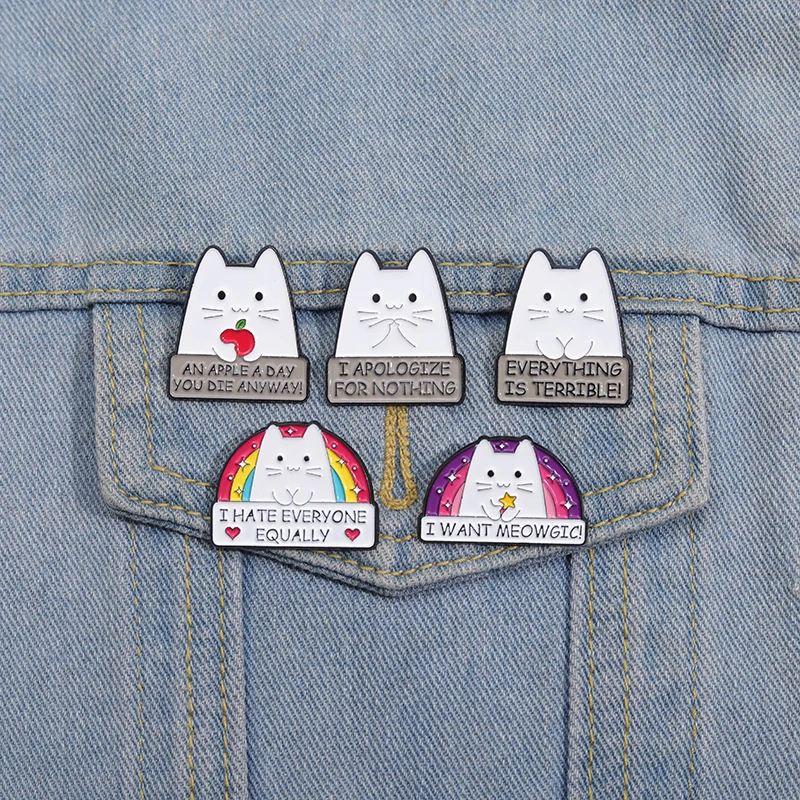 Cartoon White Nameplate Text Cat Enamel Brooch Rainbow Backpack Badge Clothing Accessories Gift Jewelry for Friends