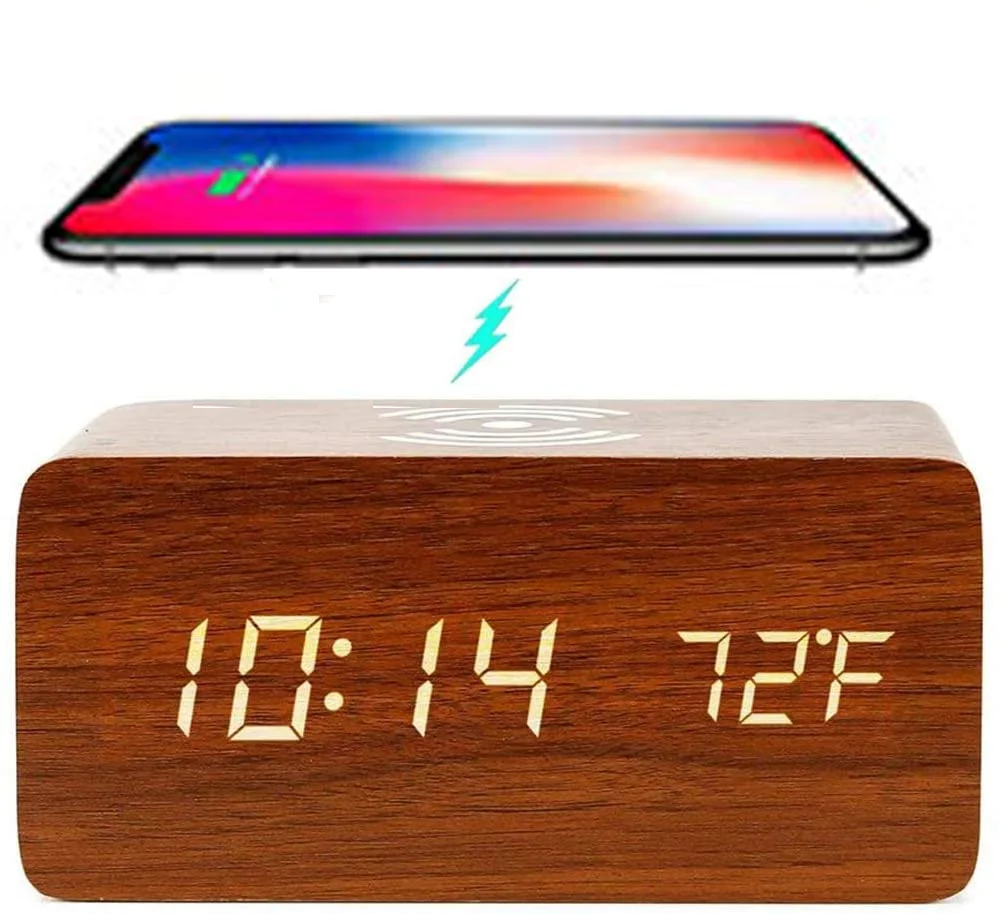 

Best selling l Smart clock wooden temperature calendar wireless charging square led digital clock wooden alarm clock