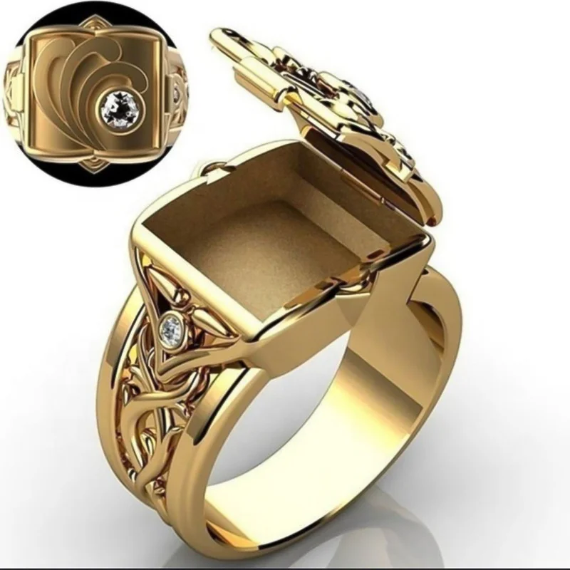 

Gold Plated Diamond Men's Vintage Ring Secret Small Room Coffin Coffin Ring Unique Hip Hop Punk Viking Birthday Memorial Jewelry