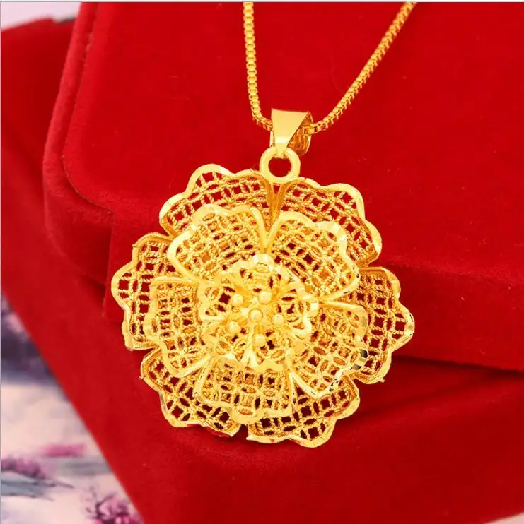 

Hollow Flower pendant Necklaces Chokers Woman Collar Water Wave box Chain 24K Yellow Gold Filled Chunky Jewelry