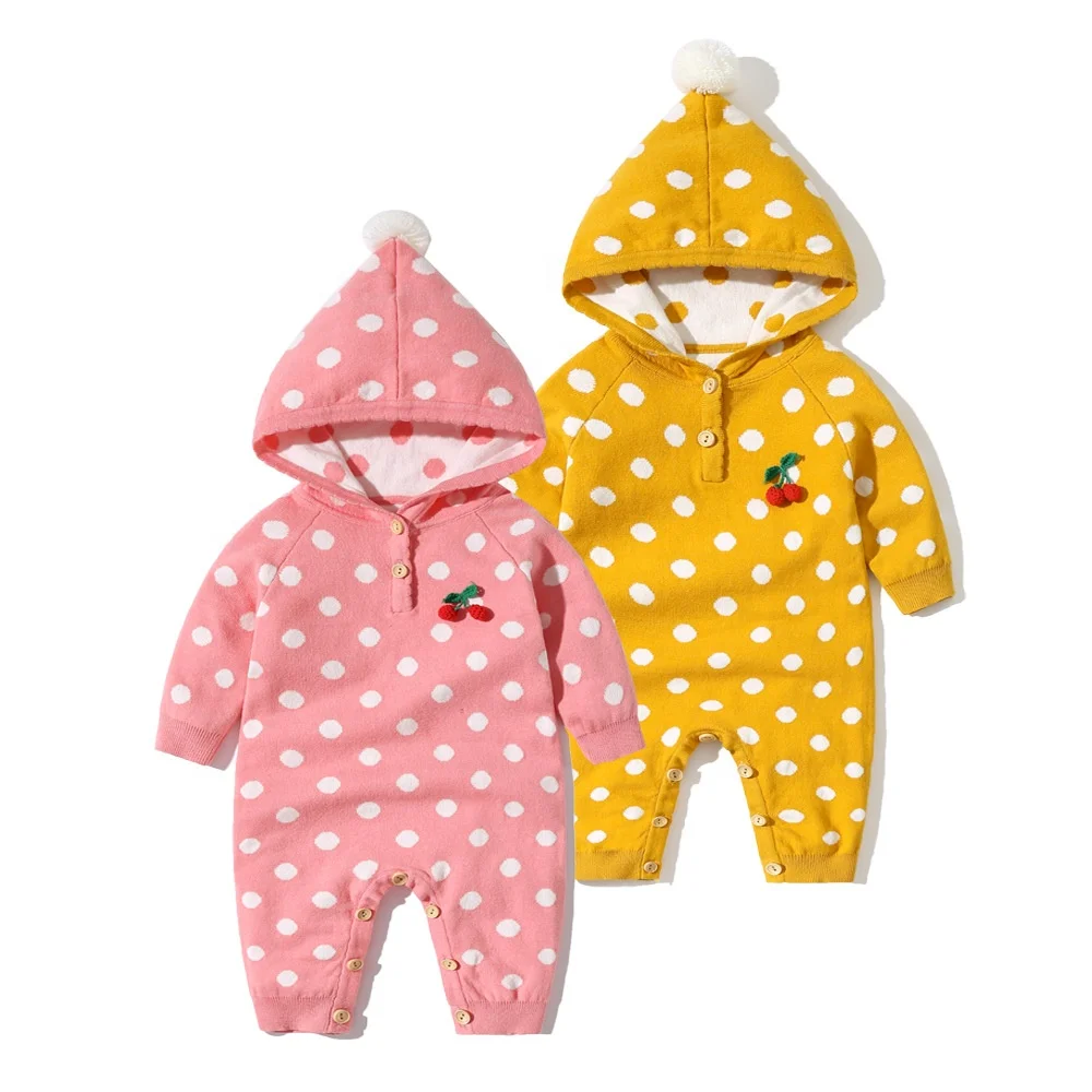 

Autumn And Winter Knitted Long-Sleeved Double-Layer Cotton Polka Dot Hood Kids Clothing Sets New Born Baby Clothes Rompers