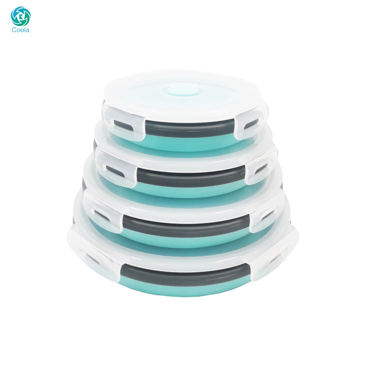 

100% food grade multifunctional 350/500/800/1200ML silicone round collapsible lunch box for 4 pieces