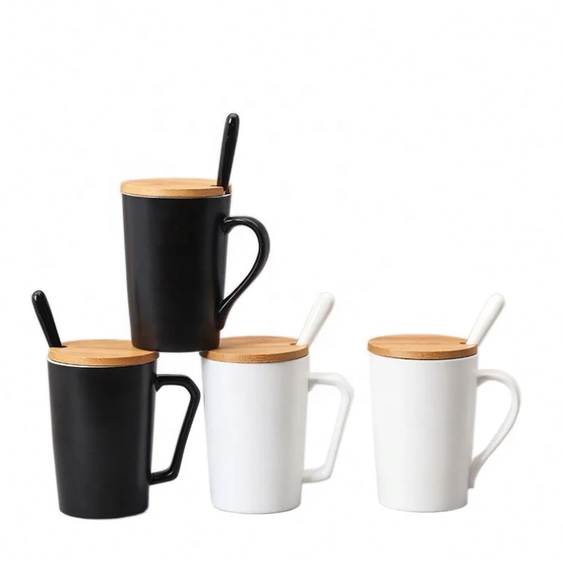 

Custom Logo Print Porcelain Coffee Cup Ceramic Cup Coffee With Bamboo Lid And Stainless Steel Golden Spoon 400Ml, Same as picture or customized