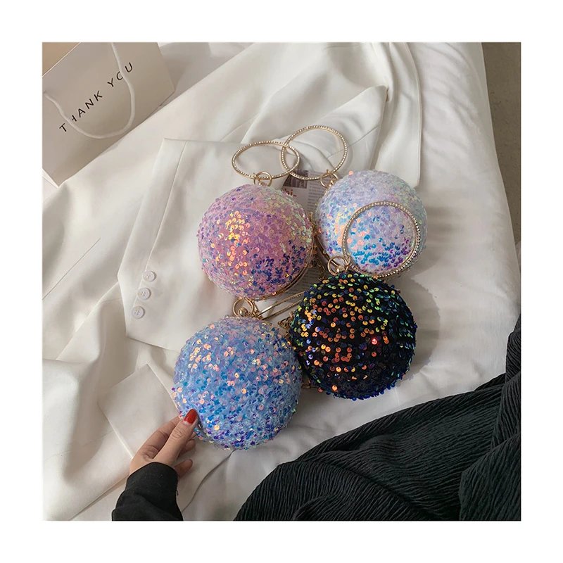 

Round Ball Shape Handbag Fashion Glitter Sequins Female Mini Shoulder Crossbody Bags Circular Wristlet Purse Dinner Party Clutch