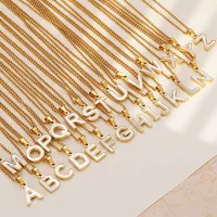 

Gold White Shell Letter Necklaces Women Collars Stainless Steel 26 A-Z Initial Pendants Cuban Link Wholesale Chains Necklace